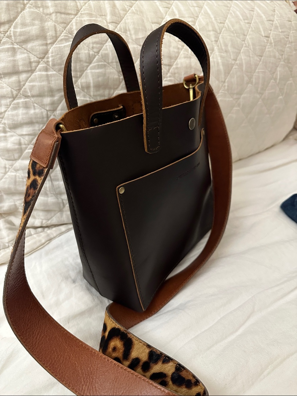Portland Leather Dark Brown Leather Tote with Leopard-Print Strap New